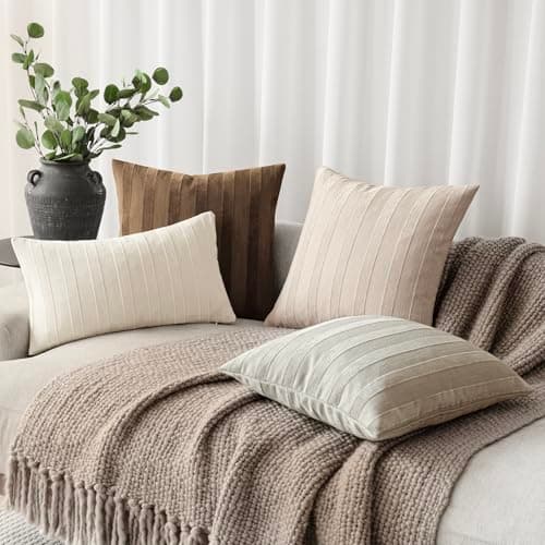 Foindtower Striped Chenille Throw Pillow Covers, Cream White, 20x20 Inch
