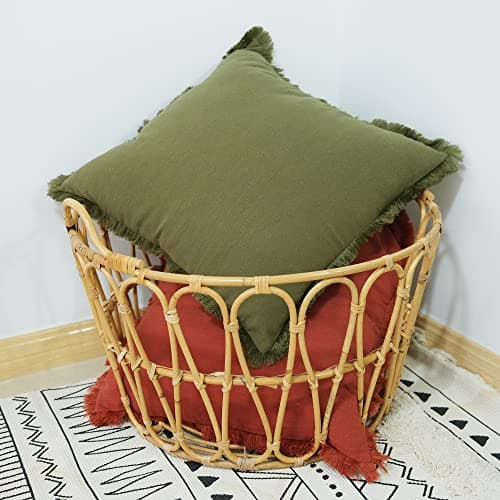 Green Linen Pillow Cover with Tassel Trim - Set of 2