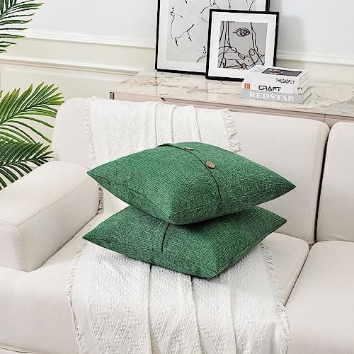 Set of 2 Emerald Green Linen Throw Pillow Covers 20x20 Inch with Vintage Buttons/Hidden Zipper for Couch or Bed.