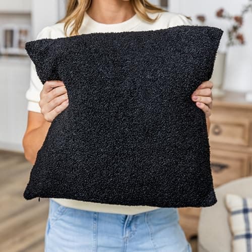 SAMIAH LUXE Black Teddy Boucle Pillow Covers, 18x18, 2pcs, Modern Farmhouse Boho Decor