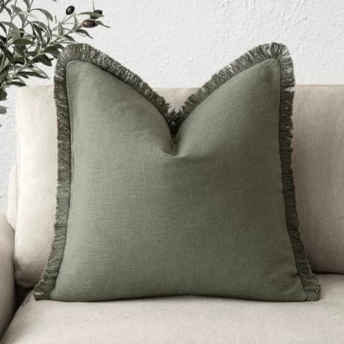 Linen Fringe Throw Pillow Cover with Tassel - Olive Green, 18×18 Inch