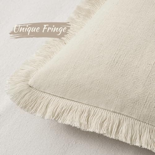 MIULEE Set of 2 18x18 Inch Beige Linen Throw Pillow Covers with Fringe – Farmhouse Boho Style for Living Room