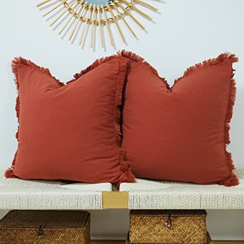 Green Linen Pillow Cover with Tassel Trim - Set of 2
