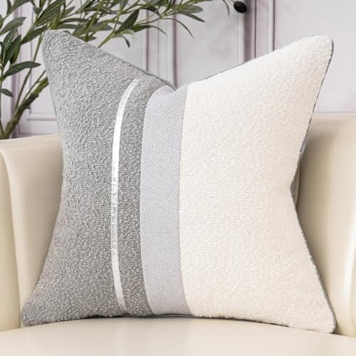 Patchwork Textured Boucle Throw Pillow Cover 18x18 Inch, Cozy Soft Gray Decor for Chair Sofa Bedroom
