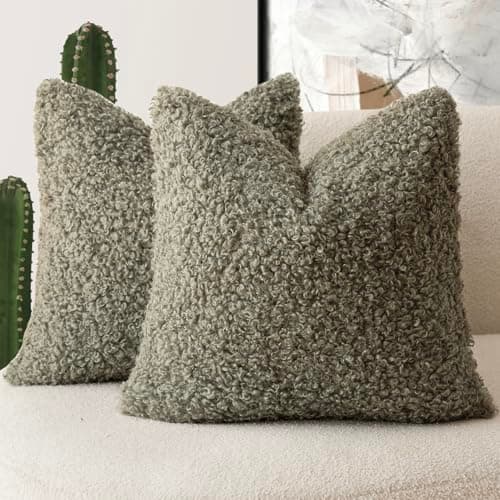 Set of 2 Curly Teddy Wool Pillow Covers for Sofa Bedroom Car - 12x20 Khaki