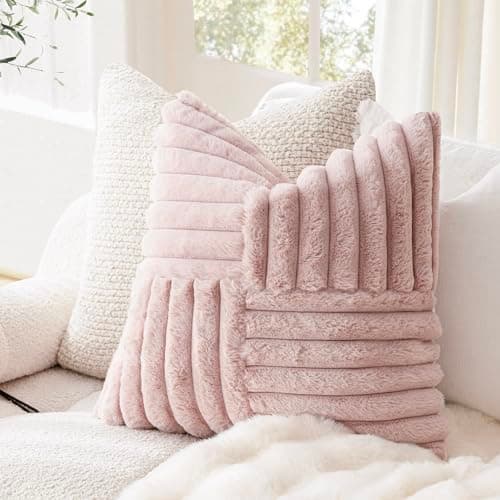 Faux Fur Plush Throw Pillow Covers Set of 2 for Home Decor, 20x20 Inch, Dusty Pink