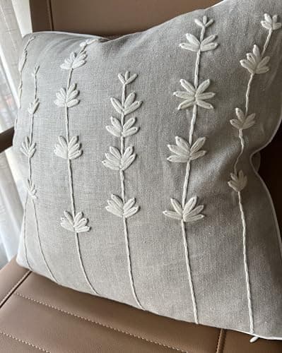 VAGMINE Hand Embroidered Daisy Accent Pillow Cover - 18x18 Inches - 100% Linen Decor - Boho Floral Couch Cushion