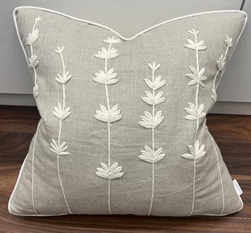 VAGMINE Hand Embroidered Daisy Accent Pillow Cover - 18x18 Inches - 100% Linen Decor - Boho Floral Couch Cushion
