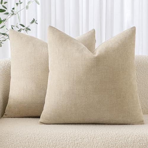 2 Pack Soft Chenille Throw Pillow Covers for Living Room 18x18 Inch, Beige