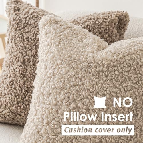 Set of 2 Curly Teddy Wool Lumbar Throw Pillow Covers for Sofa - Light Khaki, 12x20