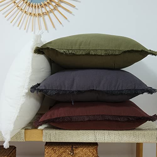 Green Linen Pillow Cover with Tassel Trim - Set of 2