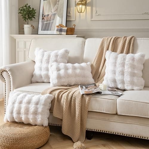 2 Pack Fluffy Faux Fur Throw Pillow Covers for Sofa Couch White
