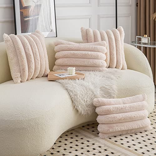 Soft Beige Faux Fur Striped Throw Pillow Covers - Set of 2 (18x18 inch)
