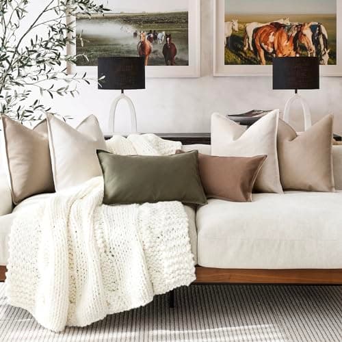 2-Pack Modern Farmhouse Decorative Throw Pillow Covers 22x22 Inch Taupe - Neutral Cotton Linen Accent Pillowcase for Living Room