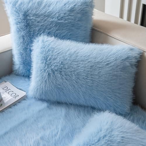 Blue Faux Fur Decorative Throw Pillow Covers for Sofa - Set of 2