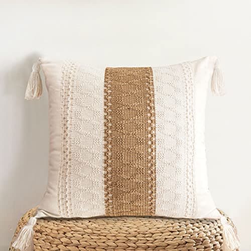 Farmhouse Throw Pillow Cover with Tassels - Boho Neutral Accent for Couch Sofa