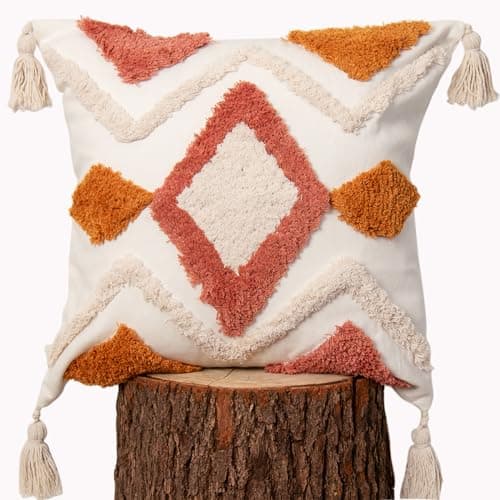 18x18 Boho Jacquard Tufted Pillow Covers, Farmhouse Decor