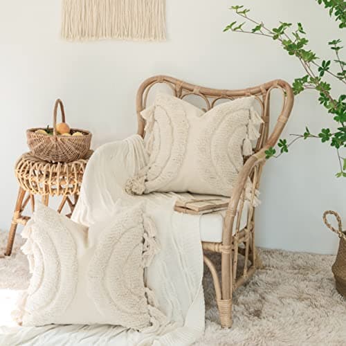 Bohemian Rainbow Tufted Throw Pillow Cover with Tassels – Cozy Cotton Canvas Home Decor