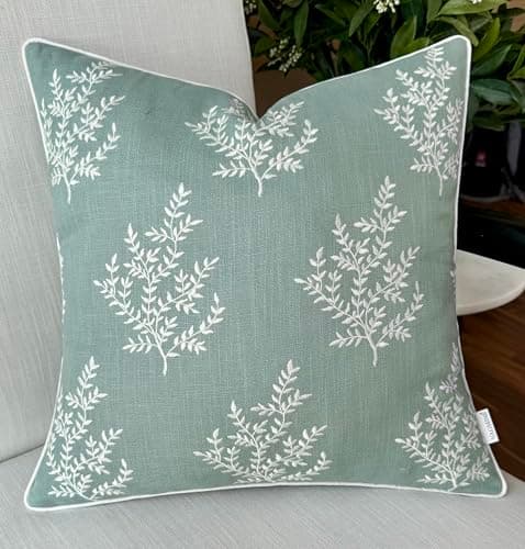 VAGMINE Hand Embroidered Daisy Accent Pillow Cover - 18x18 Inches - 100% Linen Decor - Boho Floral Couch Cushion