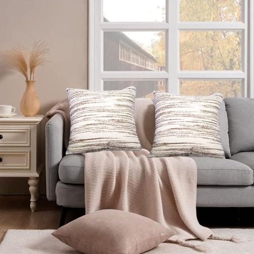 Brown and Cream Textured Striped Pillow Cover 18x18, Modern Farmhouse Decor for Couch Bed Sofa
