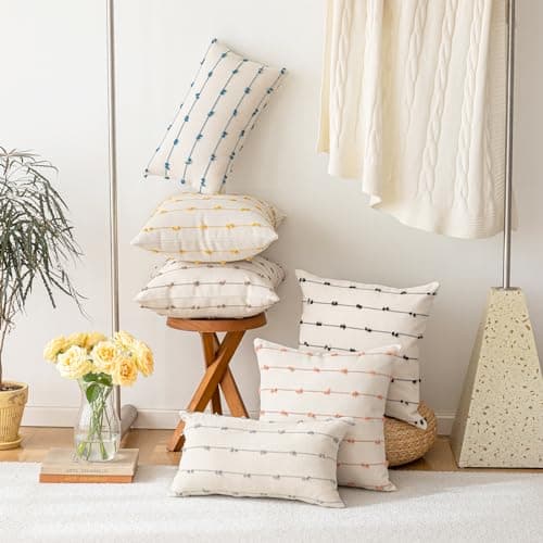 Boho 20x20 Modern Farmhouse Tufted Square Pillows Cover Beige Khaki