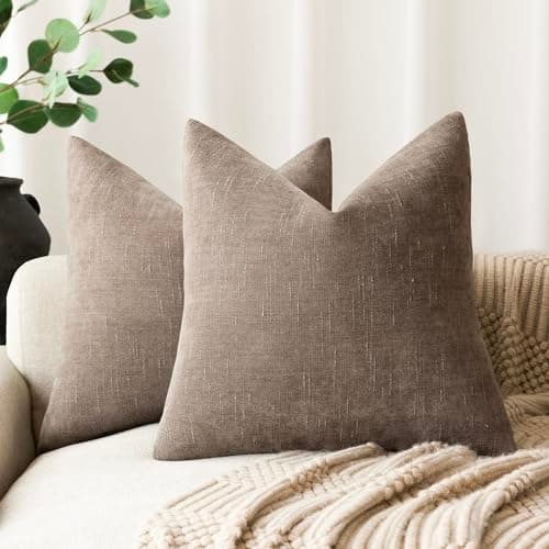 2 Pack Soft Chenille Throw Pillow Covers with Zipper 22x22 Inch, Solid Taupe Color