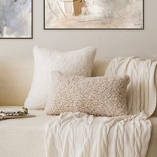 2 Pack Curly Teddy Wool Faux Fur Pillow Covers - 12x20 Neutral Cream - for Chair and Couch