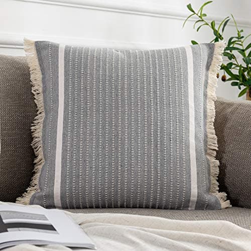 OJIA Modern Woven Throw Pillow Cover with Tassels, Grey (20x20 inches)