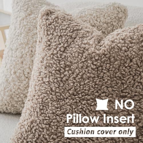 Set of 2 Curly Teddy Wool Pillow Covers for Sofa Bedroom Car - 12x20 Khaki