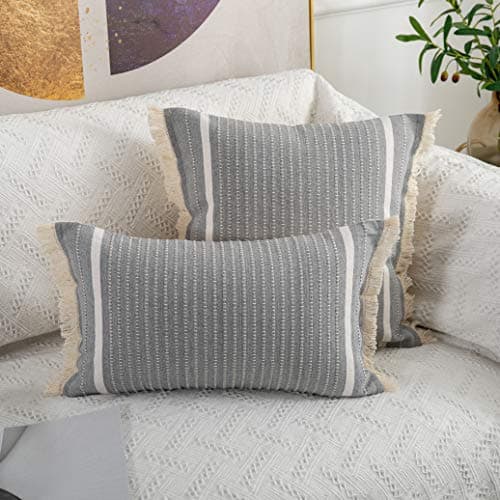 OJIA Modern Woven Throw Pillow Cover with Tassels, Grey (20x20 inches)