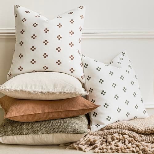 Modern Farmhouse Pillow Covers Set of 2 White/Light Green Accent Cushion Case 20x20 Inch