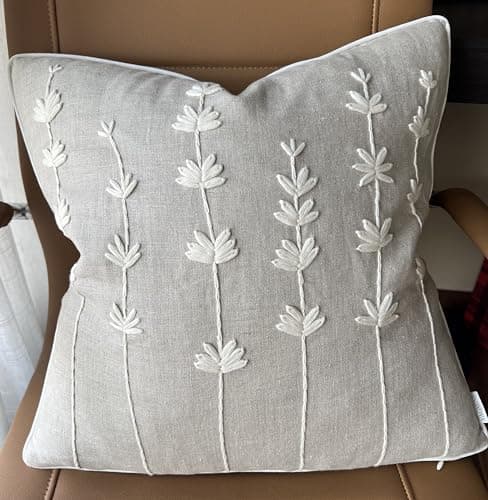 VAGMINE Hand Embroidered Daisy Accent Pillow Cover - 18x18 Inches - 100% Linen Decor - Boho Floral Couch Cushion