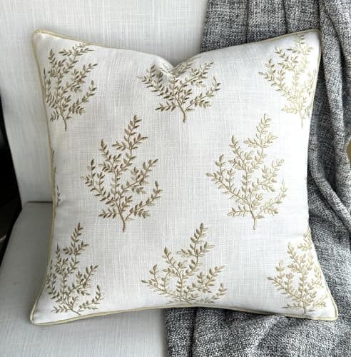 VAGMINE Hand Embroidered Daisy Accent Pillow Cover - 18x18 Inches - 100% Linen Decor - Boho Floral Couch Cushion