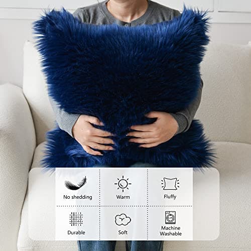Mongolian Plush Faux Fur Decorative Pillow Cover Set for Living Room - Dark Blue 20x20 Inch
