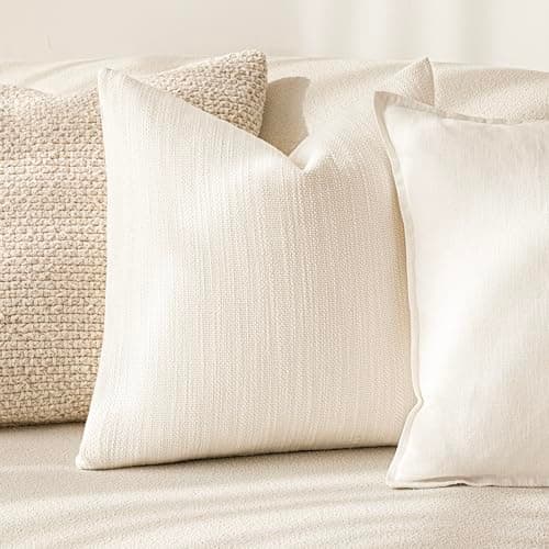 Textured Burlap Linen Throw Pillow Covers for Farmhouse Decor - Set of 2, Cream White, 24x24 Inch