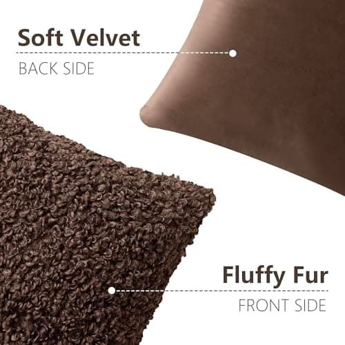 Faux Fur Throw Pillow Cover Set - Cozy Sherpa Accent Pillowcases for Bed, Couch - 18x18 Inch, Chocolate