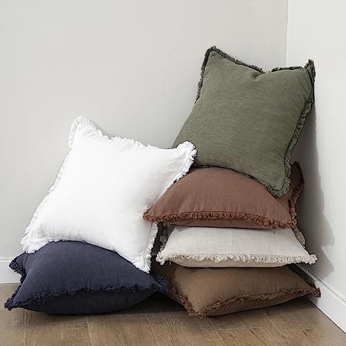 Linen Fringe Throw Pillow Cover with Tassel - Olive Green, 18×18 Inch