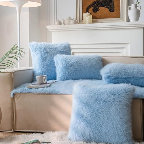 Blue Faux Fur Decorative Throw Pillow Covers for Sofa - Set of 2