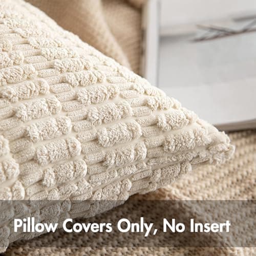 2 Pack Corduroy Throw Pillow Covers 18x18 Inch Boho Striped Farmhouse Christmas Decor - Cream White