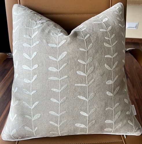 VAGMINE Hand Embroidered Daisy Accent Pillow Cover - 18x18 Inches - 100% Linen Decor - Boho Floral Couch Cushion