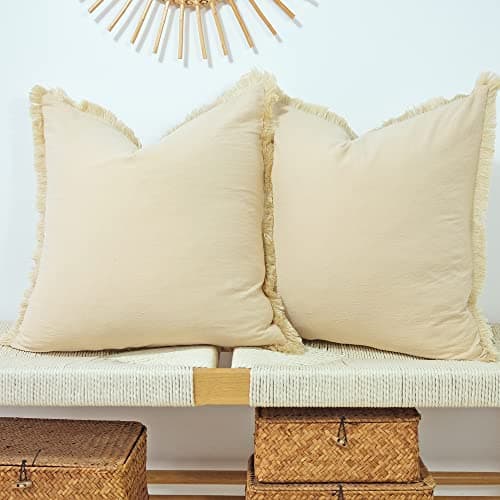 Green Linen Pillow Cover with Tassel Trim - Set of 2
