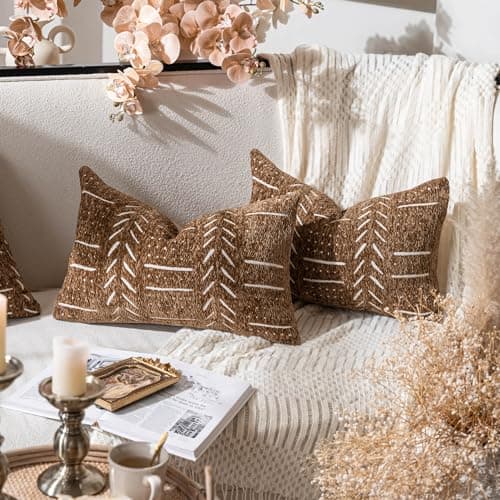 Boho Farmhouse Brown Lumbar Throw Pillow Covers, Set of 2