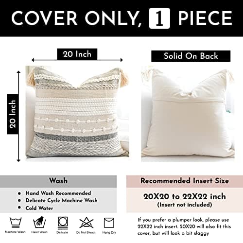 Gray Boho 20x20 Throw Pillow Cover - Woven Decorative Accent for Couch and Bed (Single Pack)