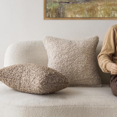 Set of 2 Curly Teddy Wool Pillow Covers for Sofa Bedroom Car - 12x20 Khaki