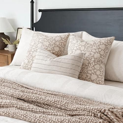 Neutral Floral Throw Pillow Covers Set of 2 for Farmhouse Decor - 20x20 Inch, Ivory Beige