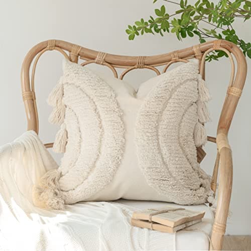 Bohemian Rainbow Tufted Throw Pillow Cover with Tassels – Cozy Cotton Canvas Home Decor