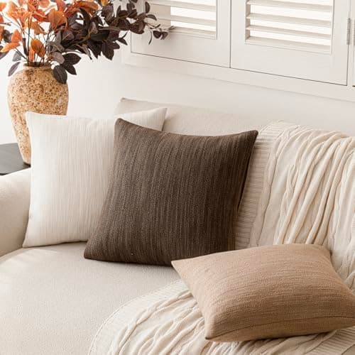 Farmhouse Burlap Linen Throw Pillow Covers, Set of 2 - 18x18 Inch, Chocolate