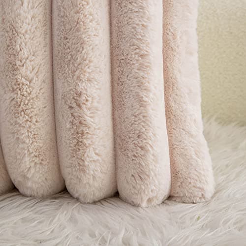 Soft Beige Faux Fur Striped Throw Pillow Covers - Set of 2 (18x18 inch)