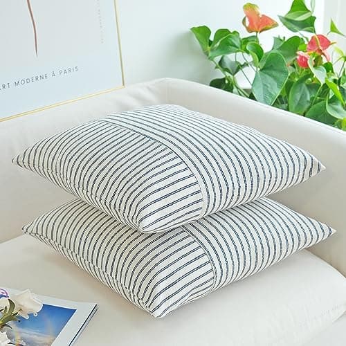 Navy Blue and Beige Patchwork Farmhouse Pillow Covers 16x16 Inch, Pack of 2