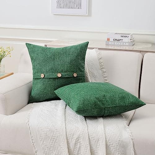 Set of 2 Emerald Green Linen Throw Pillow Covers 20x20 Inch with Vintage Buttons/Hidden Zipper for Couch or Bed.